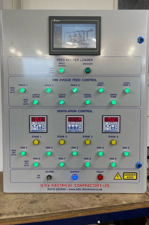 GDL-built control panel with touchscreen HMI, feed control and ventilation control sections